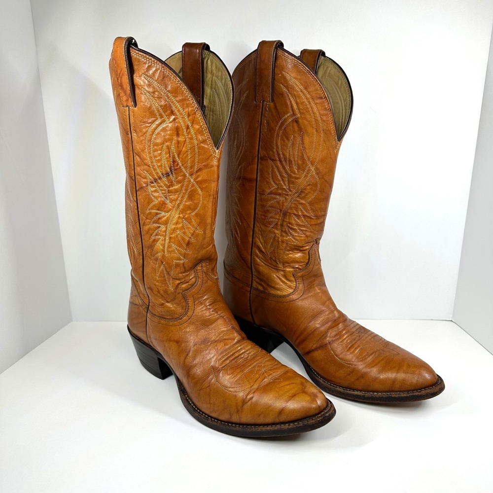 Justin Vintage Tan Leather Western Cowboy Boots USA Style 1632 Mens 7.5 EE